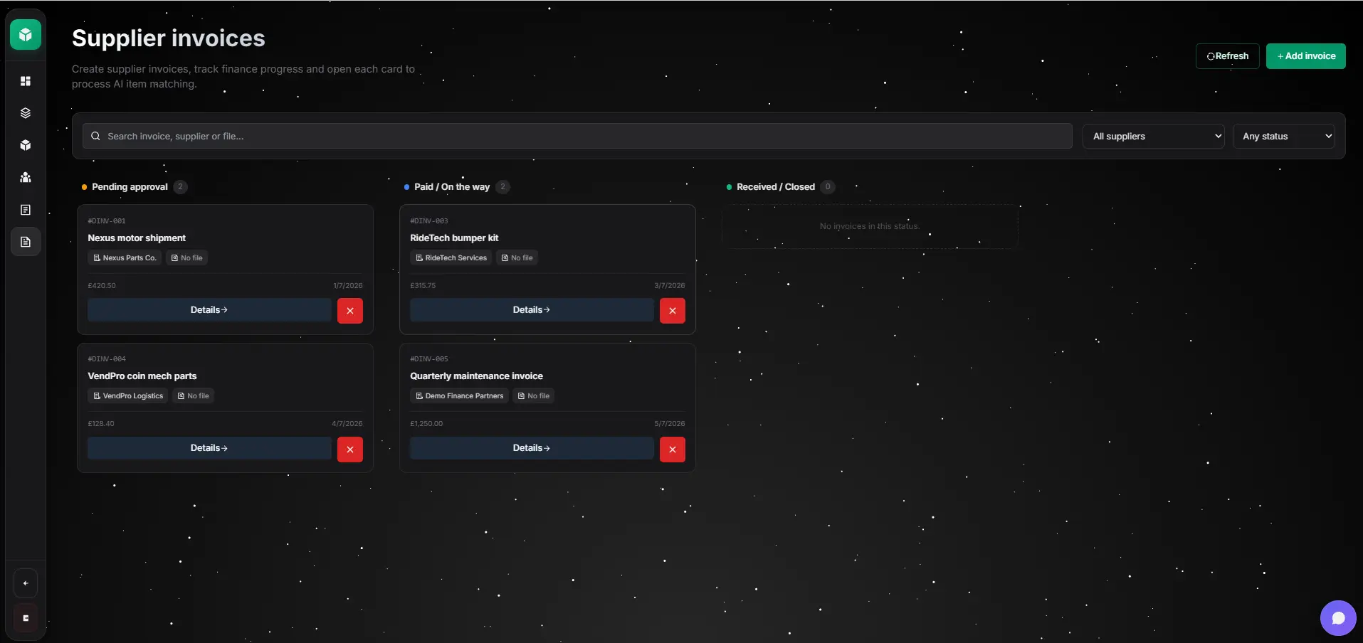 ArcNexus invoices and supplier linked to assets