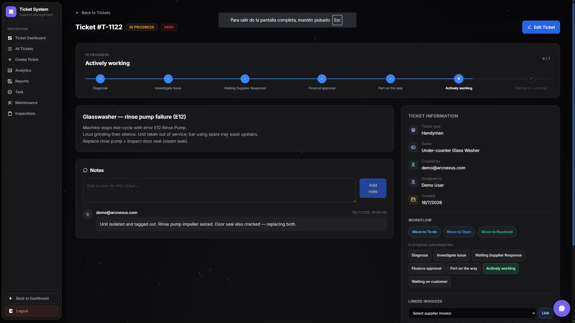 ArcNexus ticket detail with assignment and resolution