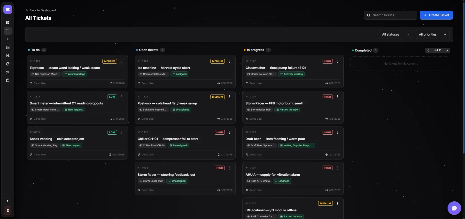 ArcNexus ticket dashboard showing open work with owners, priority, and site context